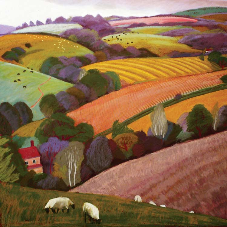 Fine Art Greeting Card, Pastel, Landscape with Sheep