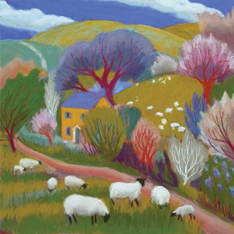 Fine Art Greeting Card, Pastel, Landscape, House and Sheep