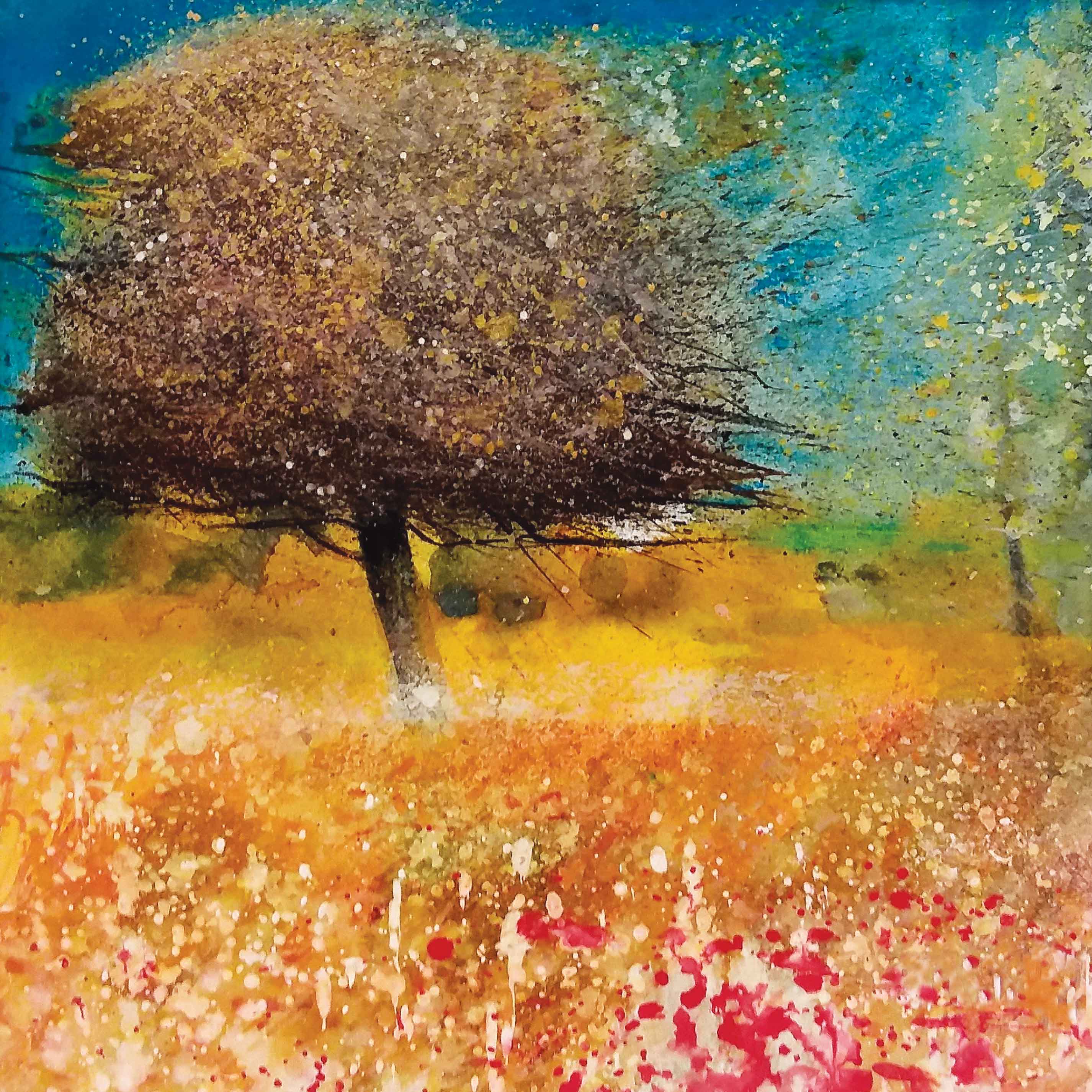 Art Greeting Card by Sue Howells, watercolour, tree in meadow