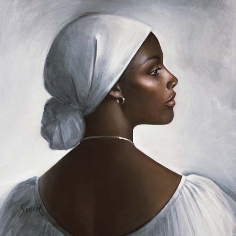 Fine Art Greeting Card, Acrylic on Canvas, West Indian lady in a white head scarf