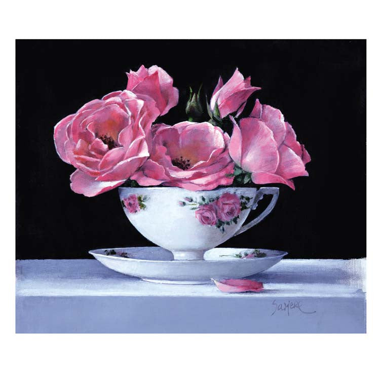 Fine Art Greeting Card, Acrylic on Canvas, Pink roses in a teacup