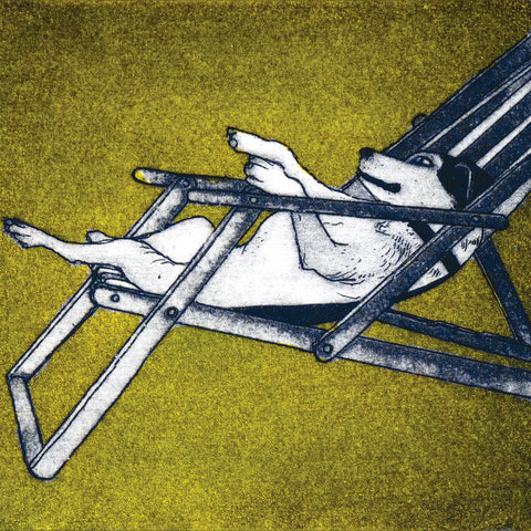 Summer Boarding by Susie Perring, Art Greeting Card, Aquatint, Dog in sun lounger