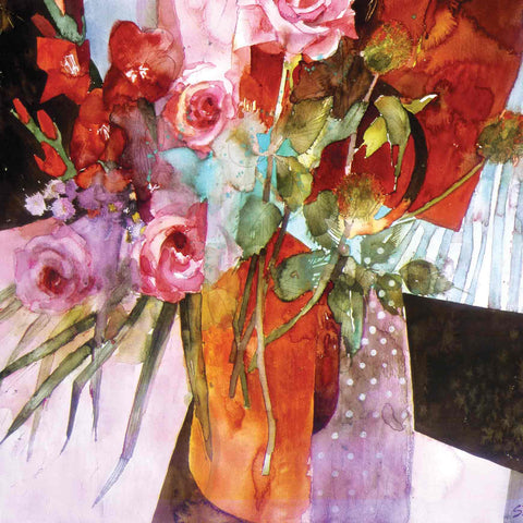 Art Greeting Card by Shirley Trevena, Red Flowers on a Black Table, Watercolour, Flowers in vase