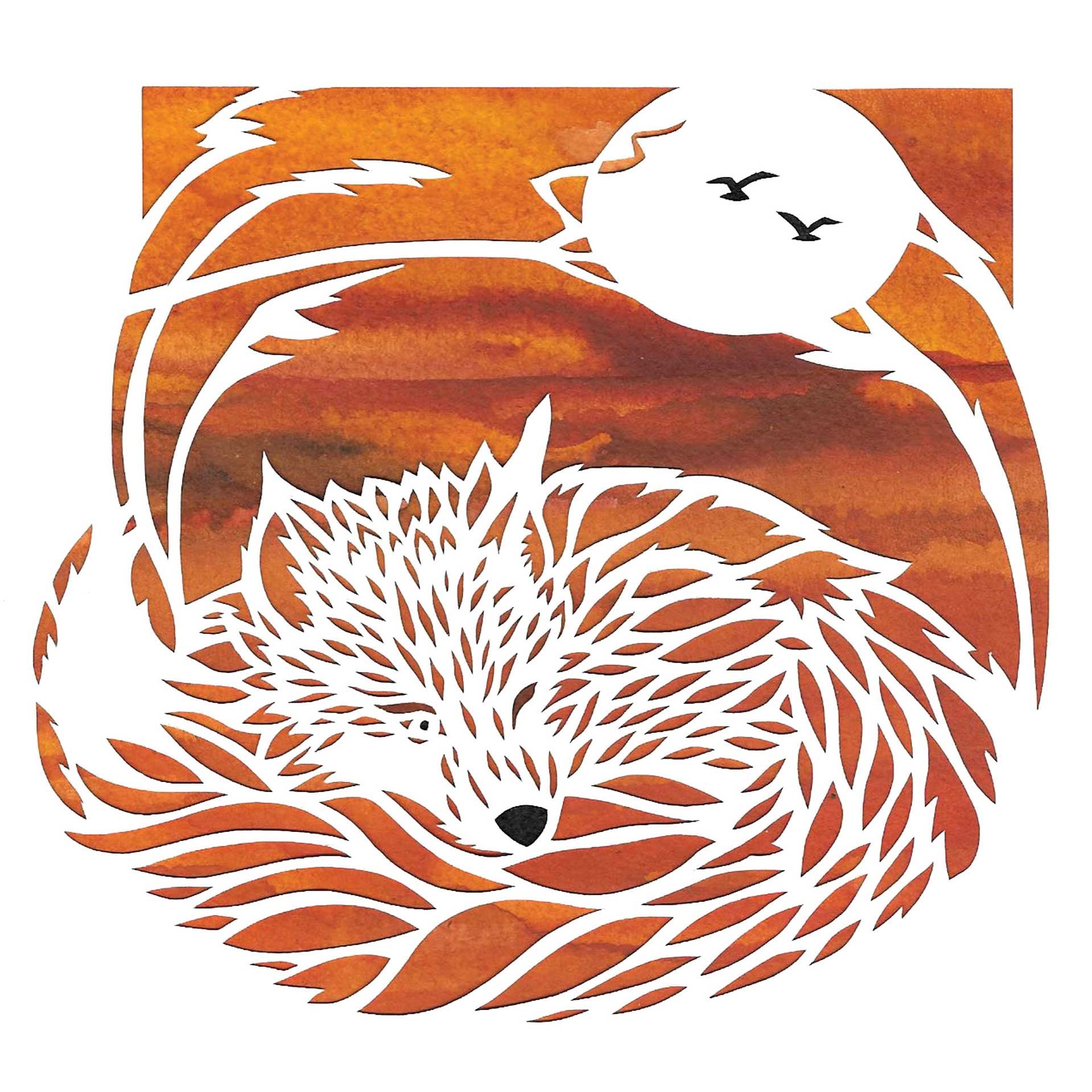 Fox Sunset by Suzanne Breakwell, Art Greeting Card, Papercutting and Ink, Fox sleeping with one eye open