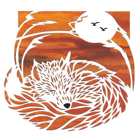 Fox Sunset by Suzanne Breakwell, Art Greeting Card, Papercutting and Ink, Fox sleeping with one eye open
