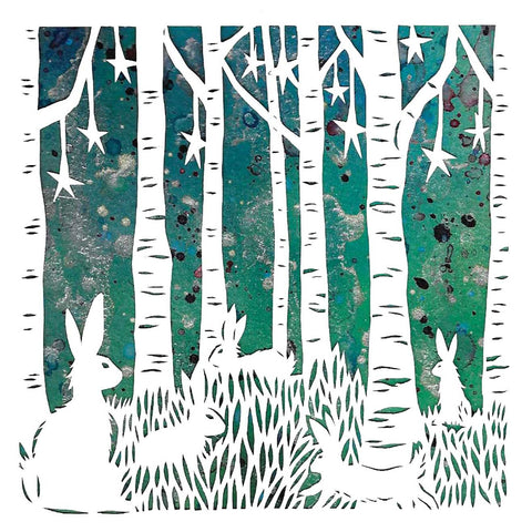 Night Foraging by Suzanne Breakwell, Art Greeting Card, Papercutting and Ink, Hares foraging among the trees at night