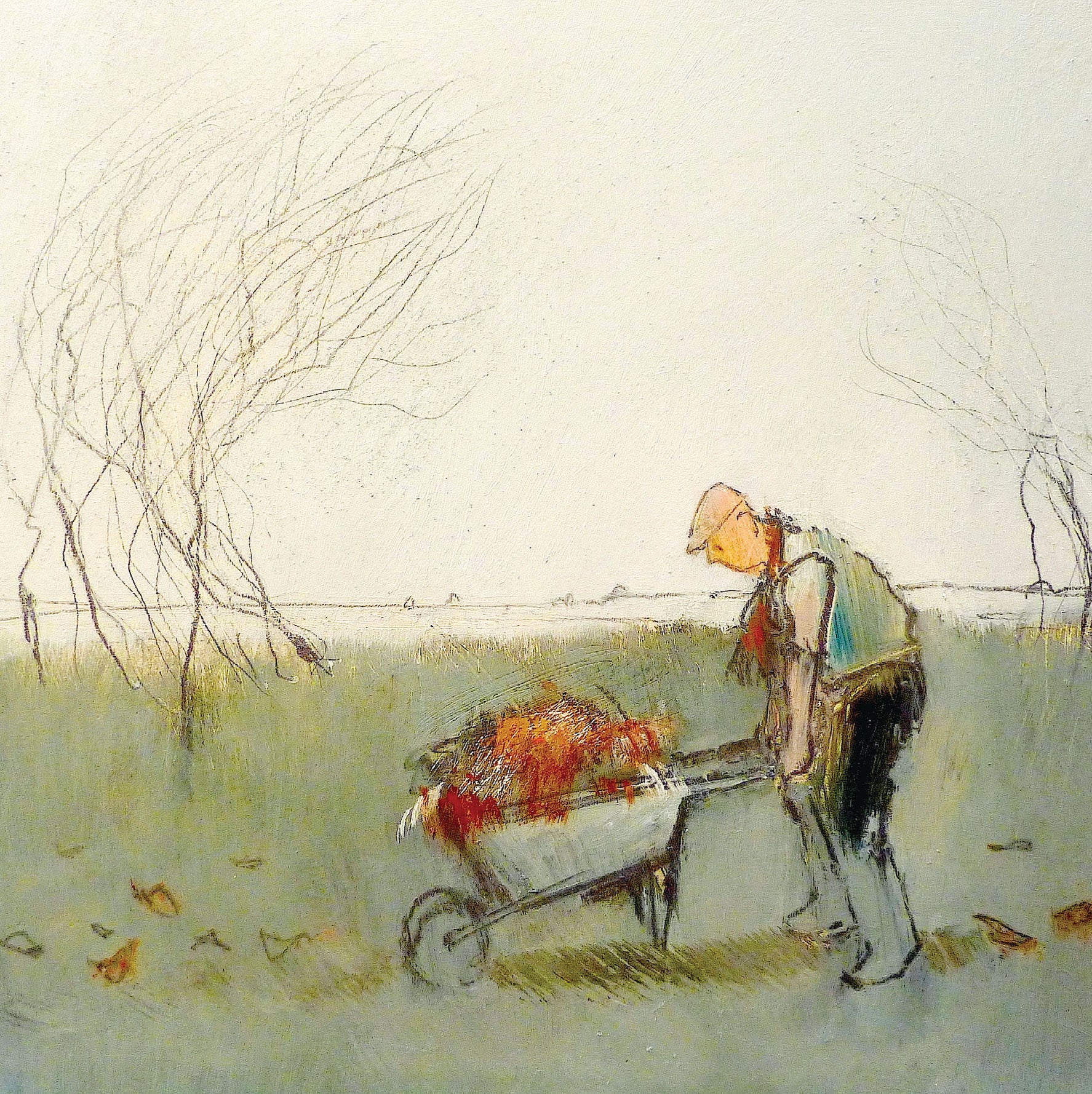 The Gardener by Tom Homewood, Fine Art Greeting Card, Oil on Panel, Man pushing wheel barrow with autumn leaves