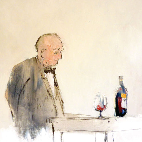 An Excellent Merlot by Tom Homewood, Fine Art Greeting Card, Oil on Panel, Man by table with a bottle of red wine and a glass