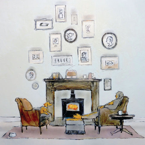 A Cosy Evening by Tom Homewood, Fine Art Greeting Card, Oil on Panel, Man and dog in chairs by the fireplace