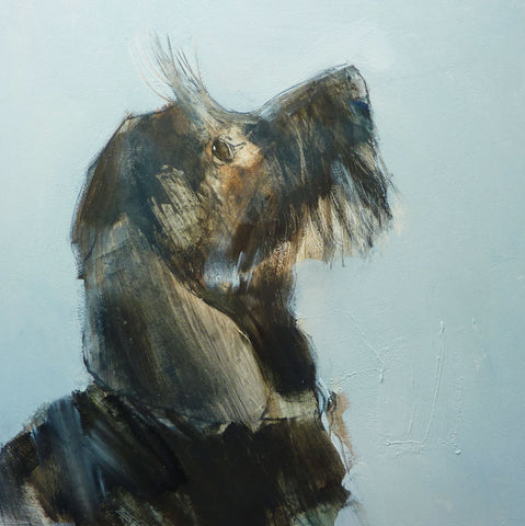 Looking Up by Tom Homewood, Fine Art Greeting Card, Oil on Panel, Scruffy dog looking up