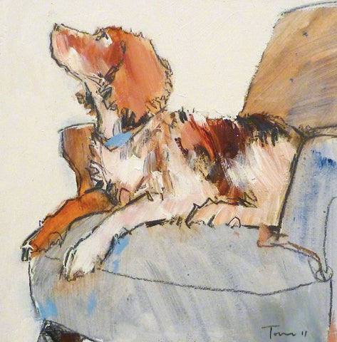 Faithful Friend by Tom Homewood, Fine Art Greeting Card, Oil on Panel, Spaniel on chair looking up