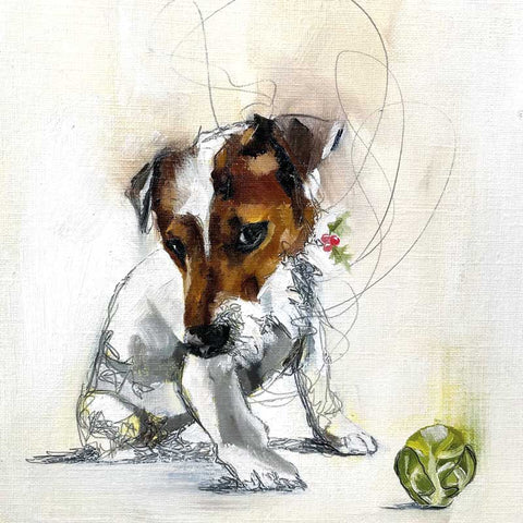 Christmas Card by Julie Brunn, Oil painting of a Jack Russell looking suspiciously at a brussel sprout