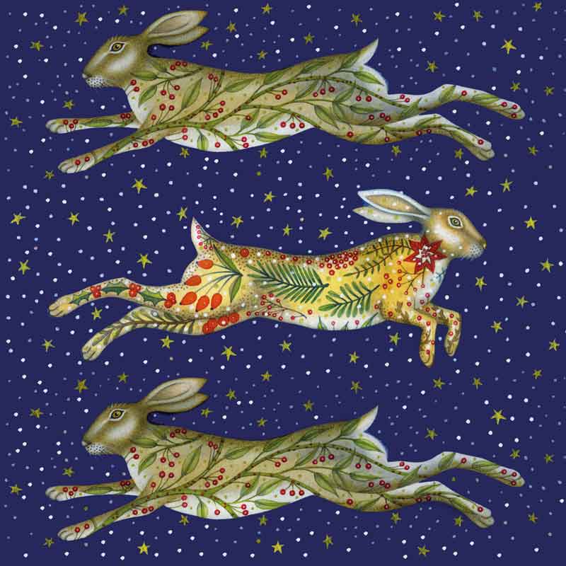 Fine Art Christmas Card by Kate Green, Mixed Media painting of three hares against dark blue background with stars