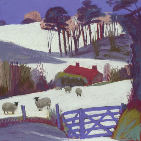 Fine Art Greeting Card, Pastel, Winter Landscape with Sheep